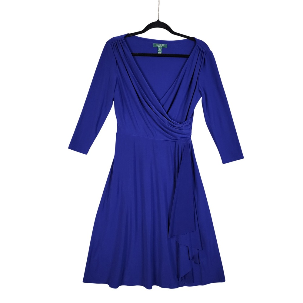 Lauren Ralph Lauren Womens Faux Wrap Ruched Jersey Knit Dress Size 6 Purple Blue